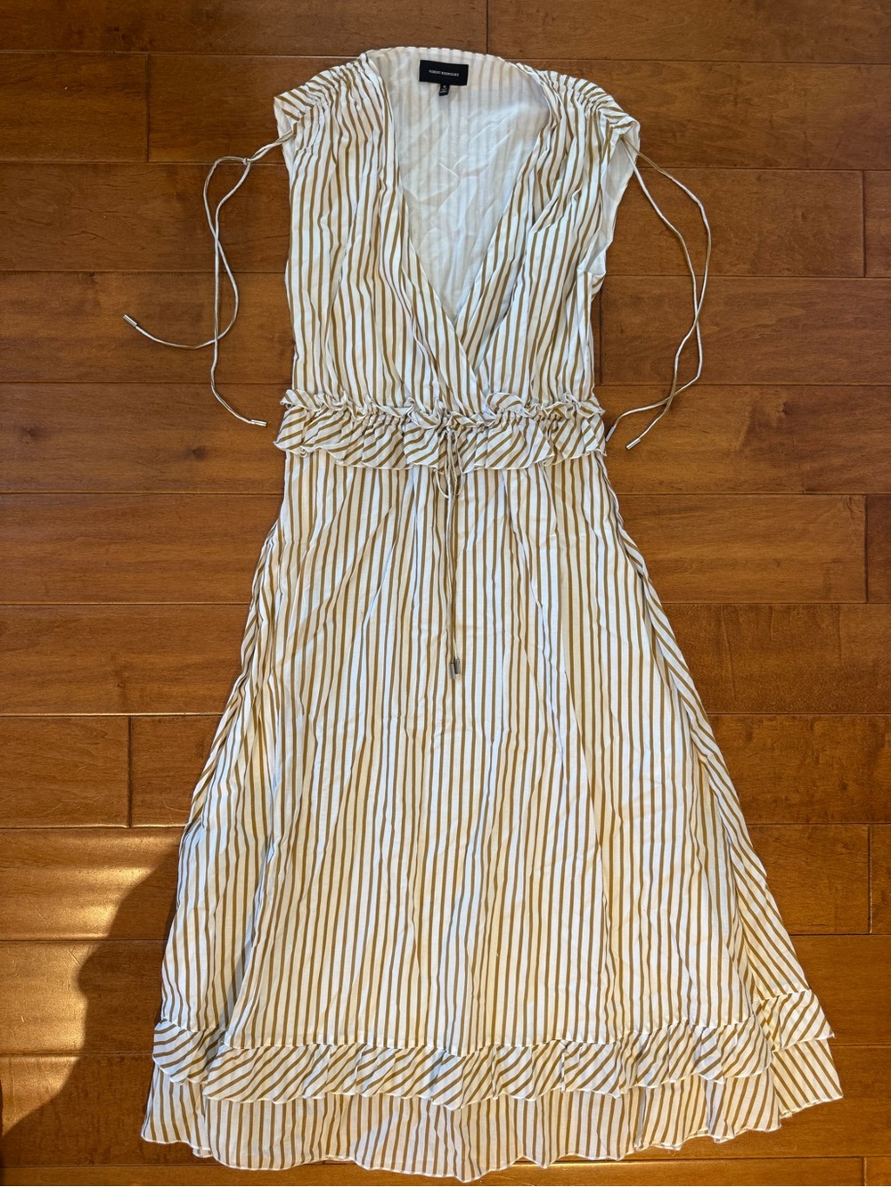 Robert Rodriguez Designer Striped V-Neck Summer Dress - White & Tan